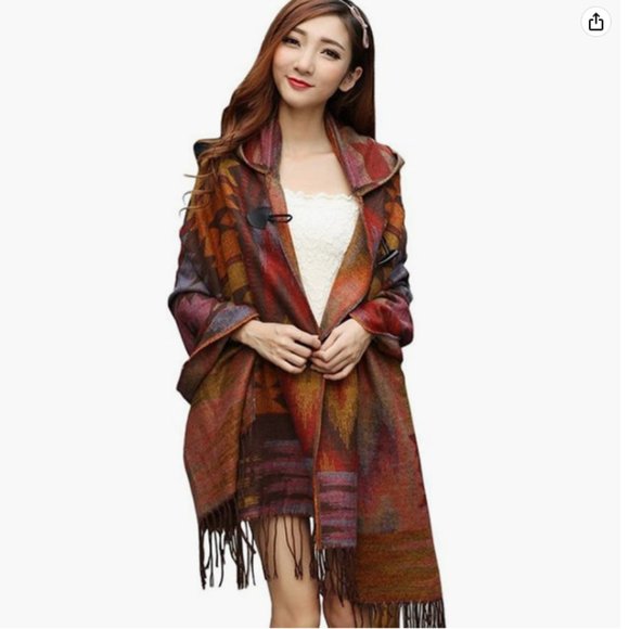 Toggle Pashmina Fringe Poncho Hoodies Hooded Cloak Shawl - Picture 3 of 9